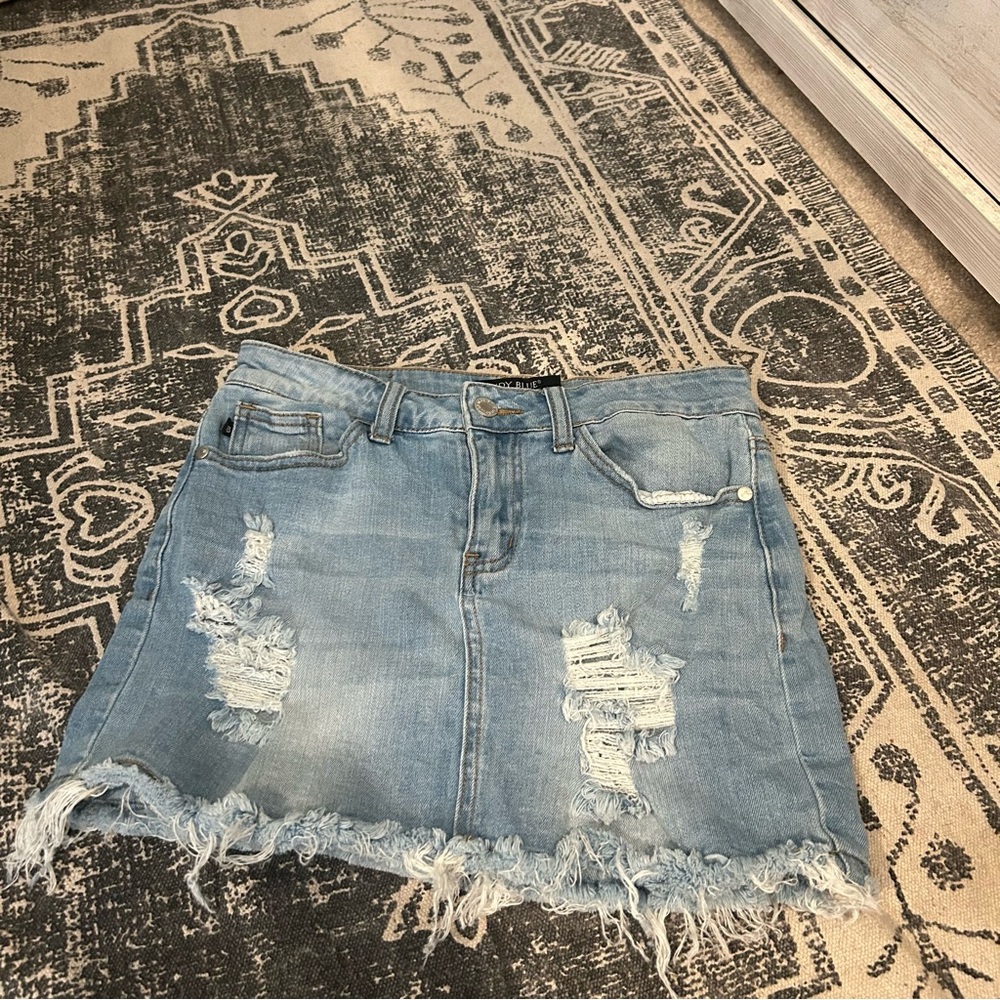 Judy Blue Denim Jean Skirt  Ripped Distressed Frayed Raw Hem Stretch Size Small